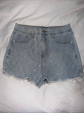 Vigoss Light Blue Diamond-Stitch Denim Shorts with Sparkle